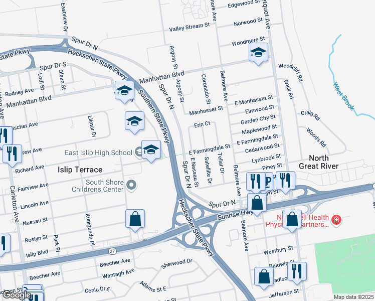 map of restaurants, bars, coffee shops, grocery stores, and more near 159 East Farmingdale Street in Islip Terrace