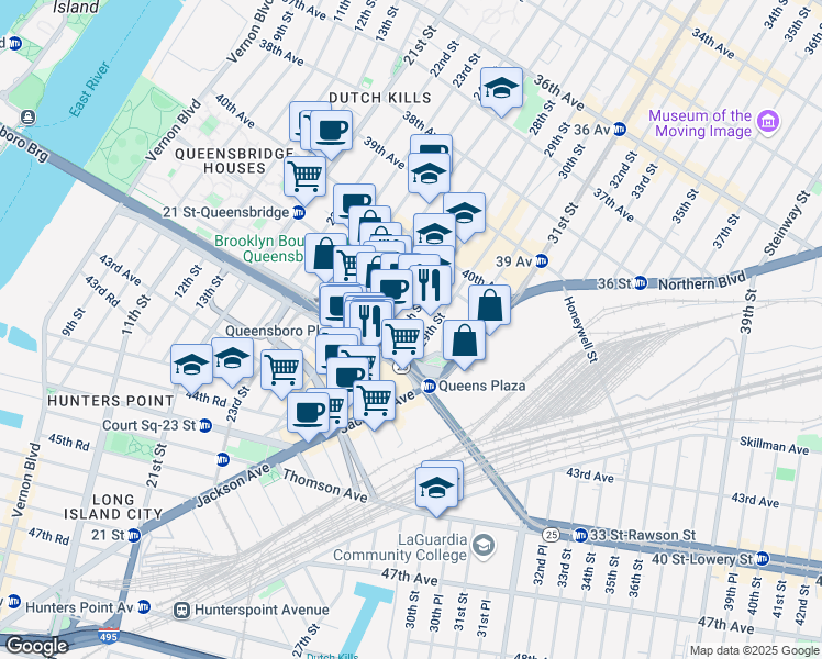 map of restaurants, bars, coffee shops, grocery stores, and more near 41-43 41st Avenue in Queens