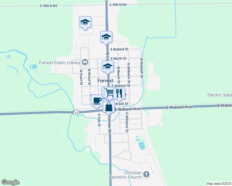 map of restaurants, bars, coffee shops, grocery stores, and more near 115 East John Street in Forrest