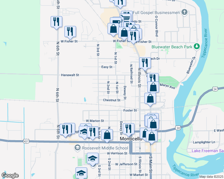 map of restaurants, bars, coffee shops, grocery stores, and more near 400-498 Walnut Street in Monticello
