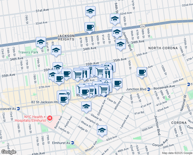 map of restaurants, bars, coffee shops, grocery stores, and more near 89-16 37th Avenue in Queens