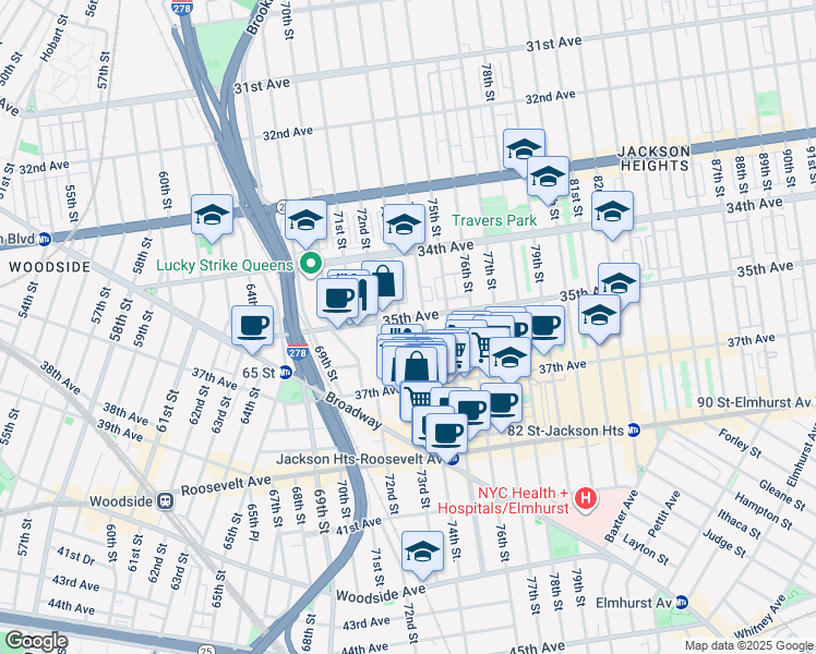 map of restaurants, bars, coffee shops, grocery stores, and more near 35-02 73rd Street in Queens