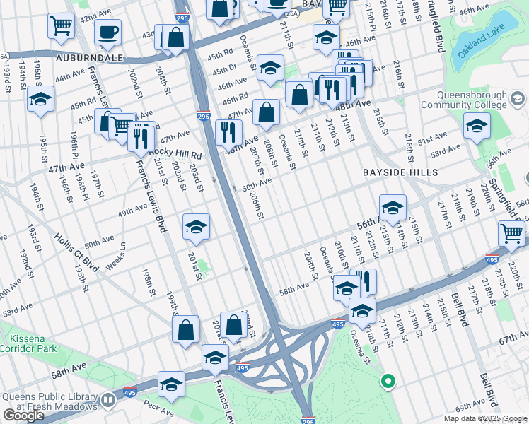 map of restaurants, bars, coffee shops, grocery stores, and more near 50-43 206th Street in Queens