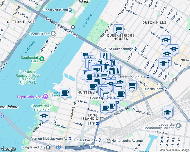 map of restaurants, bars, coffee shops, grocery stores, and more near 11-20 43rd Road in Queens