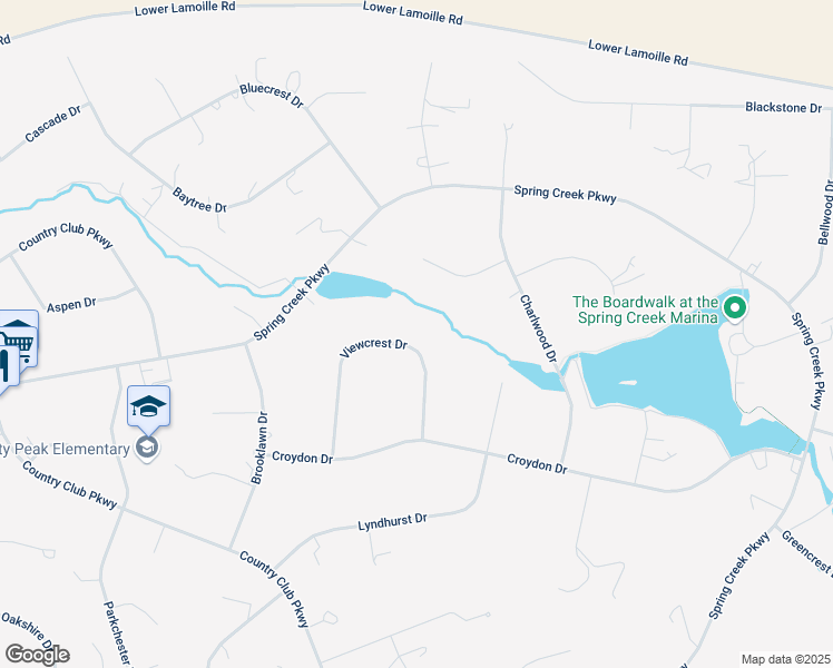 map of restaurants, bars, coffee shops, grocery stores, and more near 201 Viewcrest Drive in Spring Creek