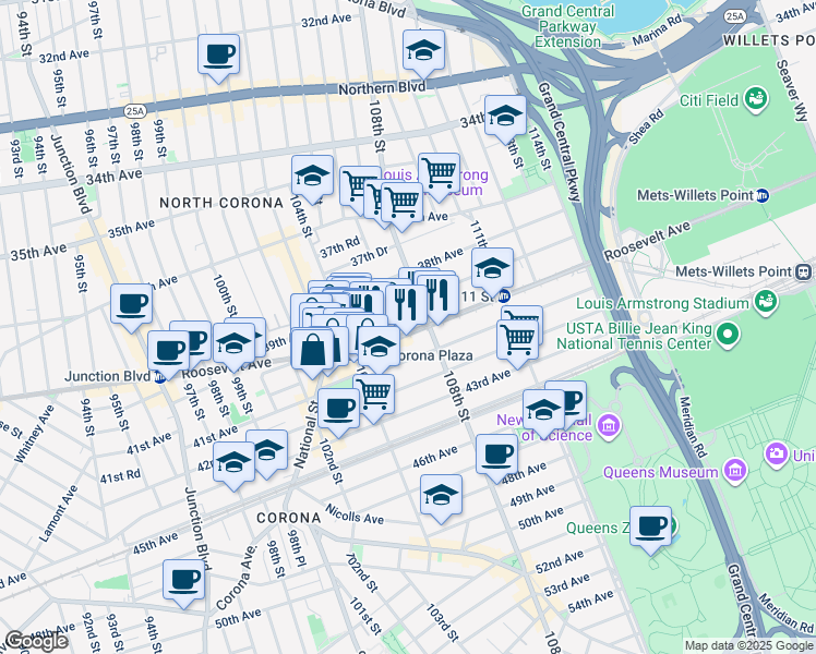 map of restaurants, bars, coffee shops, grocery stores, and more near 104-43 Roosevelt Avenue in Queens