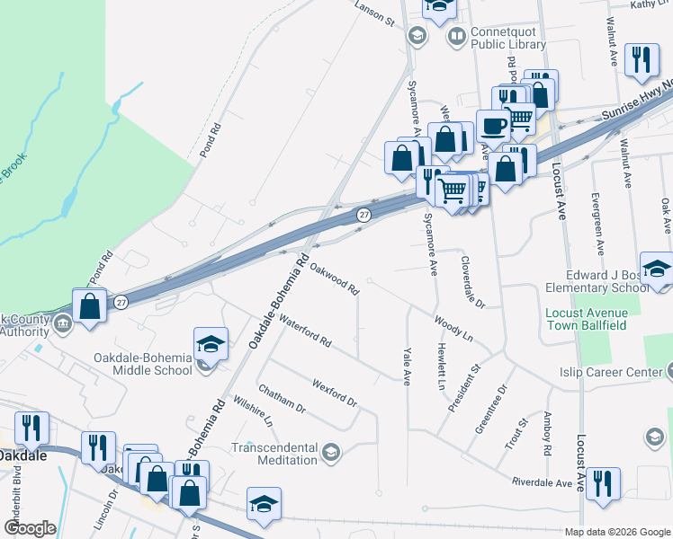 map of restaurants, bars, coffee shops, grocery stores, and more near 251 Oakwood Road in Oakdale