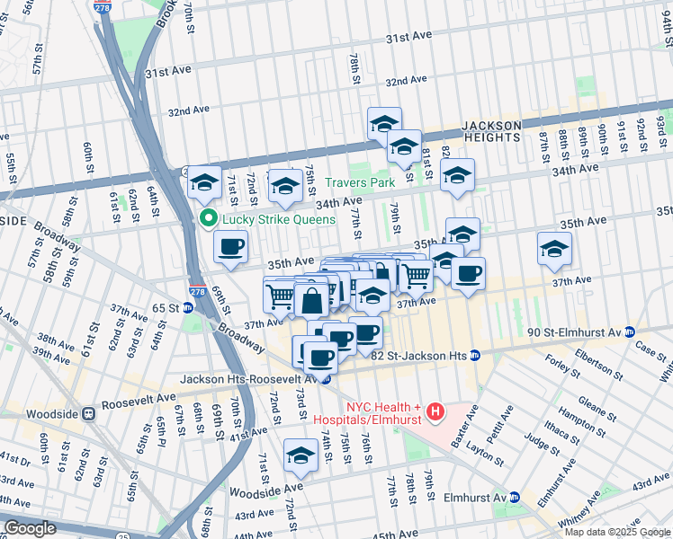 map of restaurants, bars, coffee shops, grocery stores, and more near in Queens