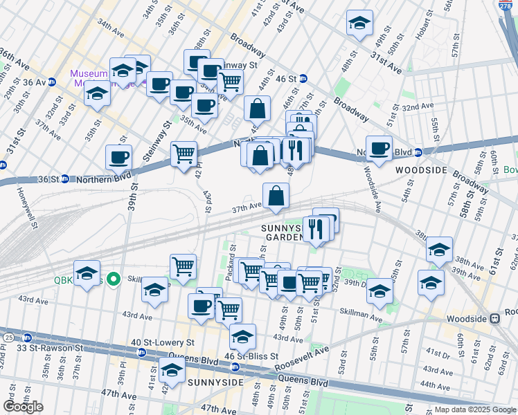 map of restaurants, bars, coffee shops, grocery stores, and more near 46-02 37th Avenue in Queens