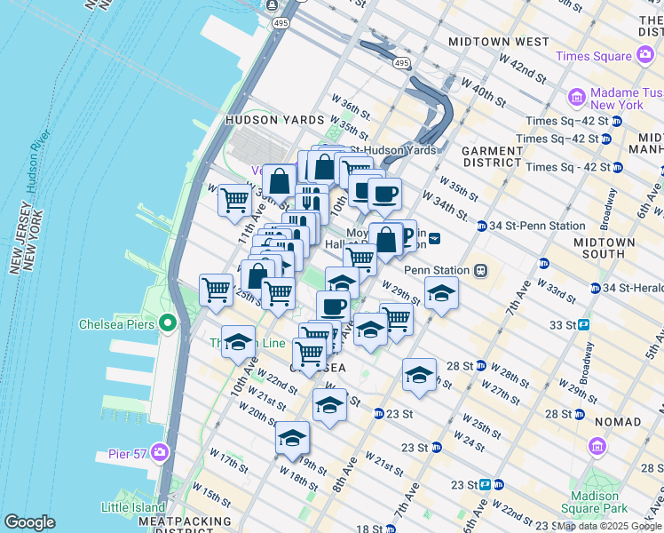 map of restaurants, bars, coffee shops, grocery stores, and more near West 28th Street in New York