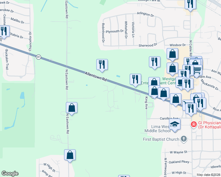 map of restaurants, bars, coffee shops, grocery stores, and more near 2855 Bird Creek in Lima