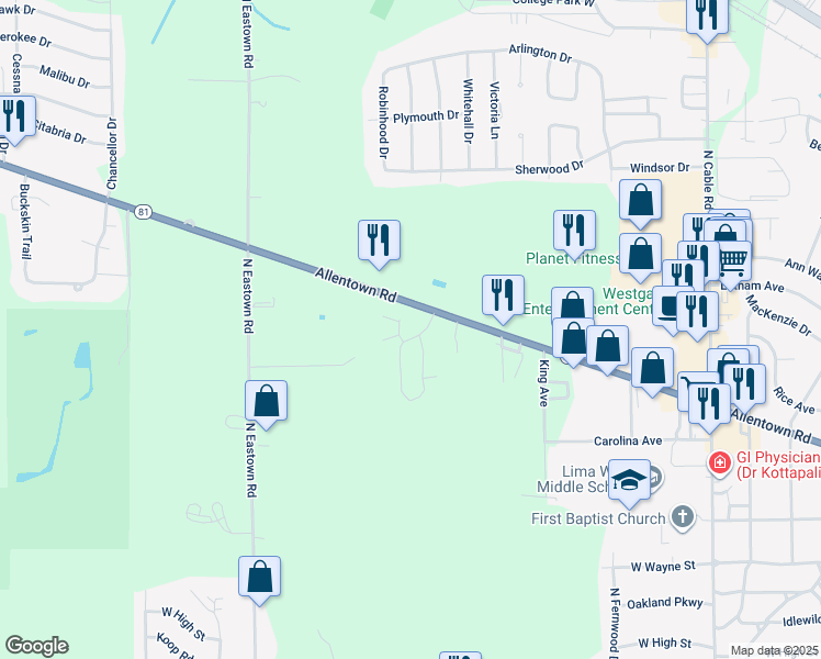 map of restaurants, bars, coffee shops, grocery stores, and more near 2855 Bird Creek in Lima