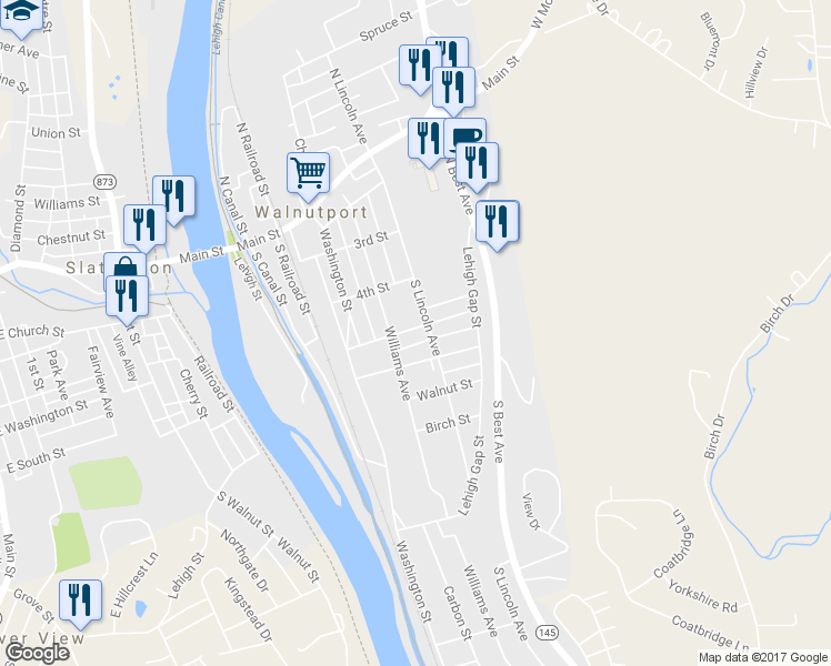 map of restaurants, bars, coffee shops, grocery stores, and more near 220 5th Street in Walnutport