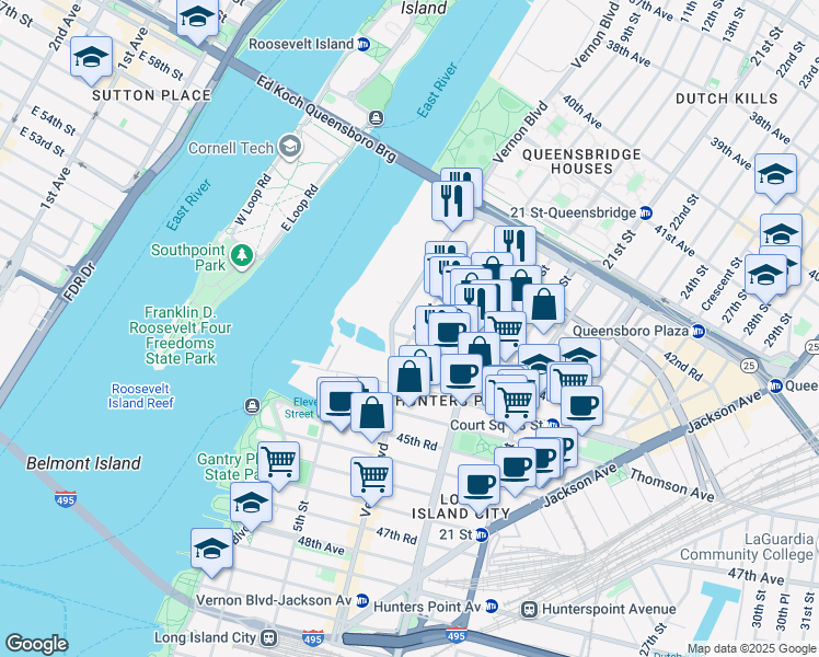 map of restaurants, bars, coffee shops, grocery stores, and more near 8-11 44th Avenue in Queens