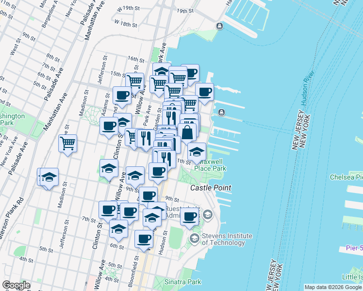 map of restaurants, bars, coffee shops, grocery stores, and more near 1117 Washington Street in Hoboken