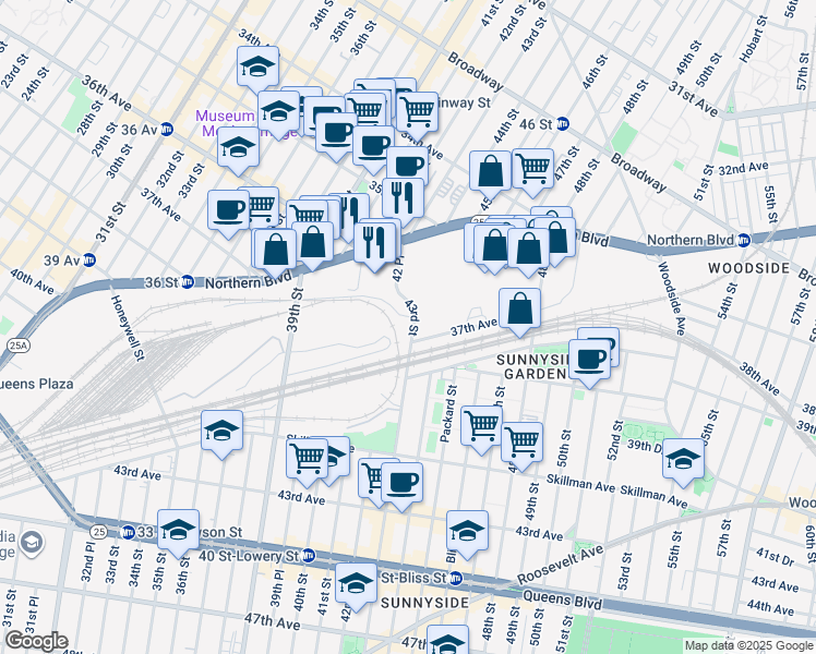 map of restaurants, bars, coffee shops, grocery stores, and more near 3852 43rd Street in Queens