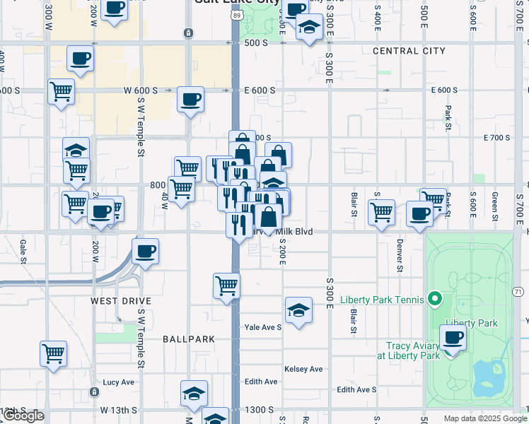 map of restaurants, bars, coffee shops, grocery stores, and more near 857 South Edison Street in Salt Lake City