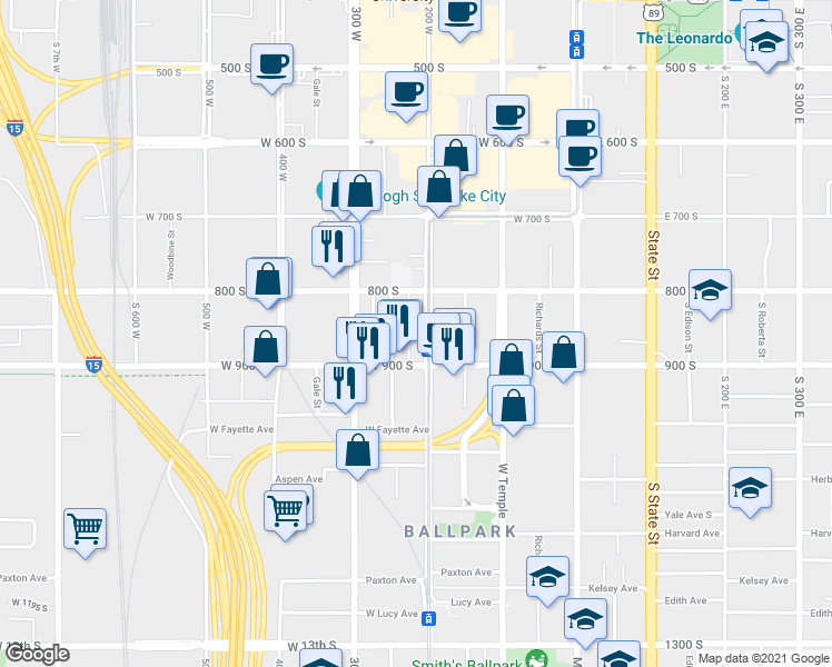map of restaurants, bars, coffee shops, grocery stores, and more near 854 200 West in Salt Lake City