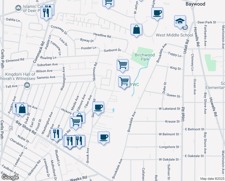 map of restaurants, bars, coffee shops, grocery stores, and more near 211-325 Brook Ave in Deer Park