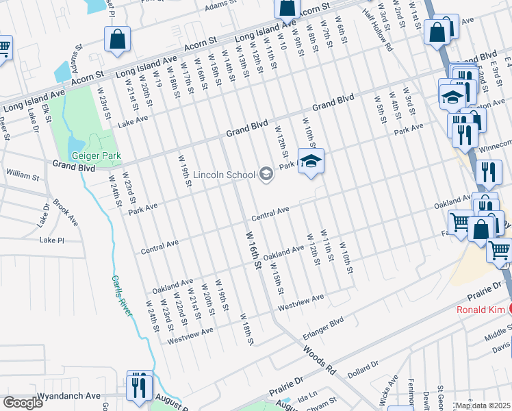 map of restaurants, bars, coffee shops, grocery stores, and more near 218 West 15th Street in Deer Park