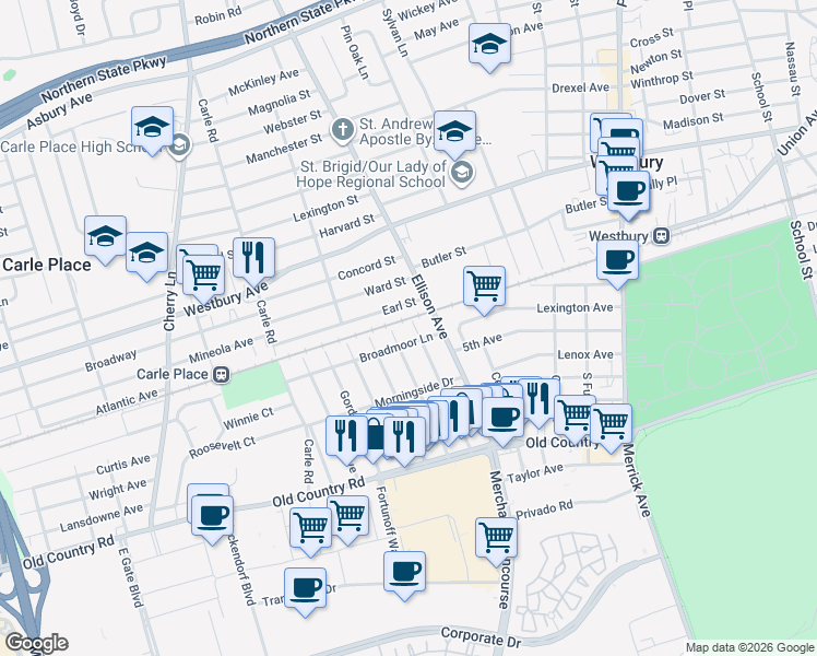 map of restaurants, bars, coffee shops, grocery stores, and more near 211 Manhattan Avenue in Westbury