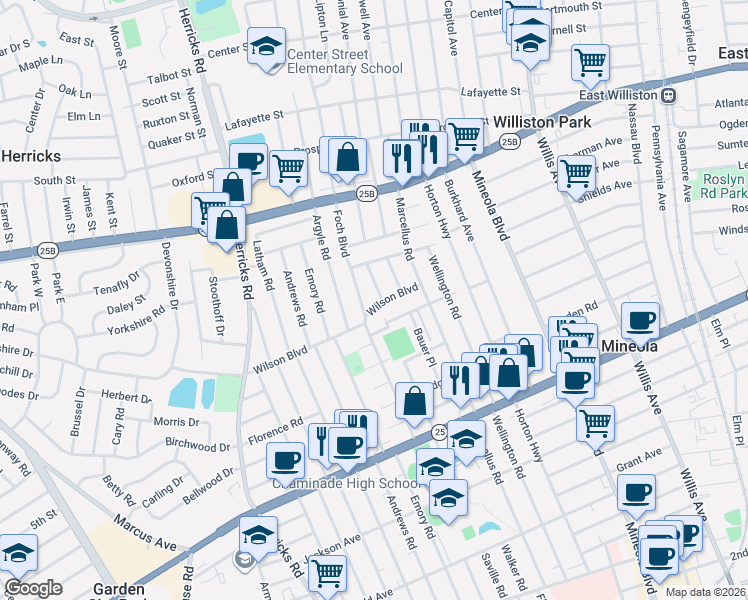 map of restaurants, bars, coffee shops, grocery stores, and more near 337 Wilson Boulevard in Mineola
