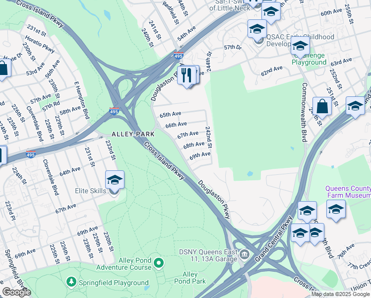 map of restaurants, bars, coffee shops, grocery stores, and more near 240-18 68th Avenue in Queens