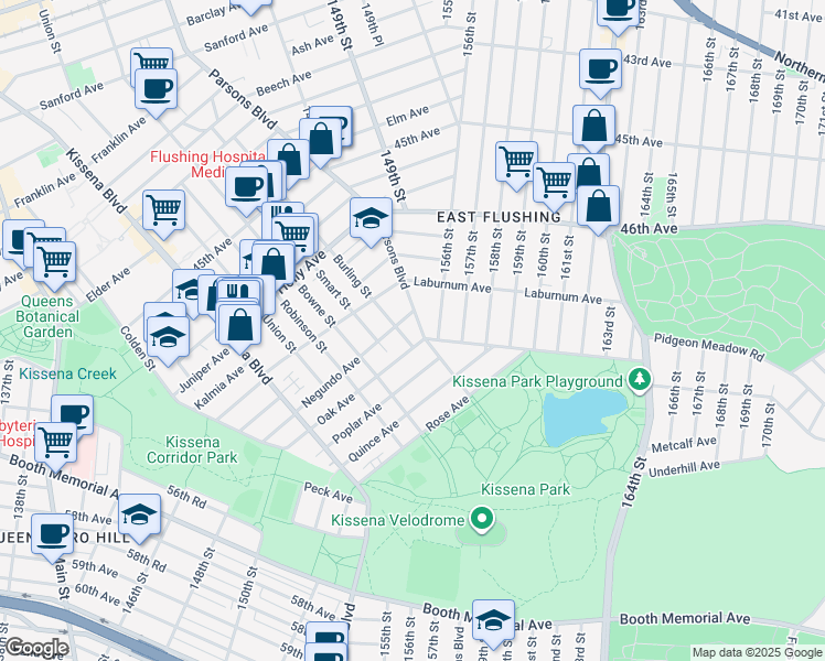 map of restaurants, bars, coffee shops, grocery stores, and more near 49-18 Negundo Avenue in Queens