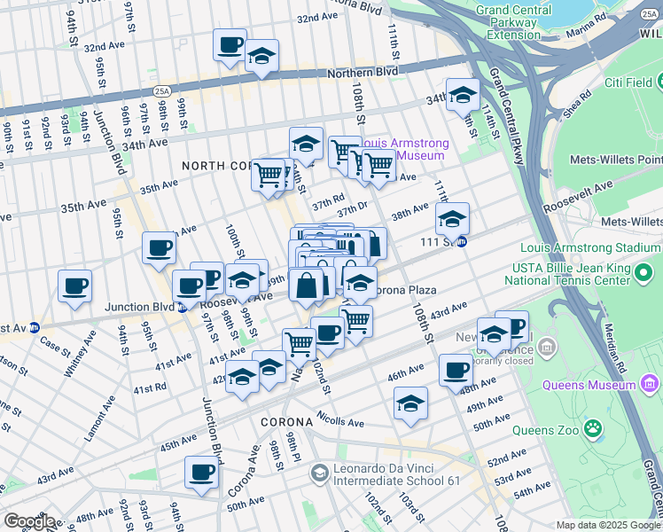 map of restaurants, bars, coffee shops, grocery stores, and more near 104-12 39th Avenue in Queens