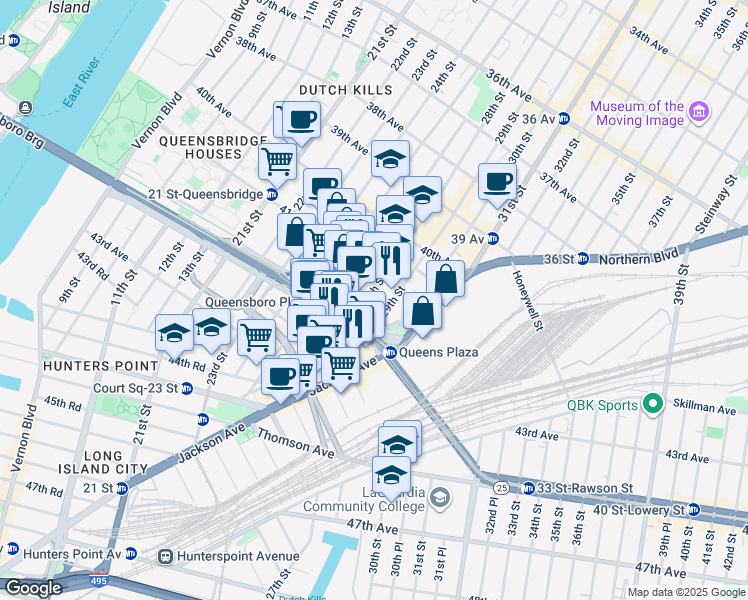 map of restaurants, bars, coffee shops, grocery stores, and more near 41-43 41st Avenue in Queens