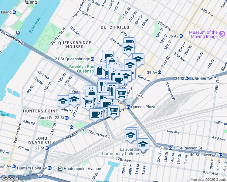 map of restaurants, bars, coffee shops, grocery stores, and more near Crescent Street in Brooklyn