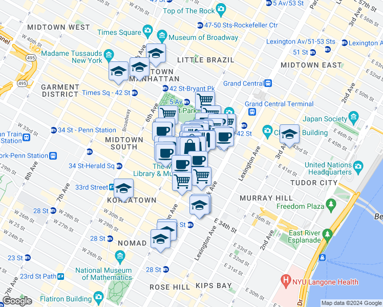 map of restaurants, bars, coffee shops, grocery stores, and more near 19 East 38th Street in New York