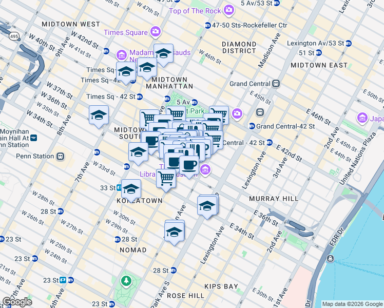 map of restaurants, bars, coffee shops, grocery stores, and more near 1376 West 38th Street in New York