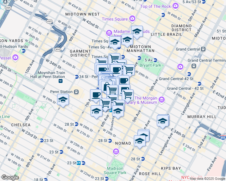 map of restaurants, bars, coffee shops, grocery stores, and more near 131 West 34th Street in New York