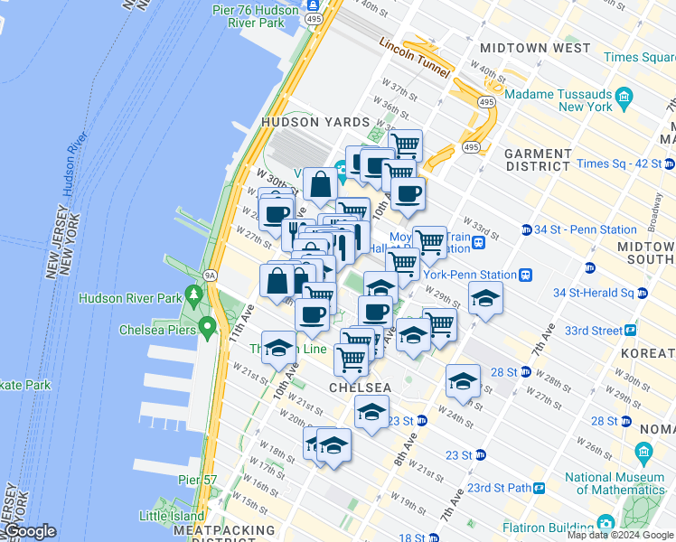 map of restaurants, bars, coffee shops, grocery stores, and more near in New York