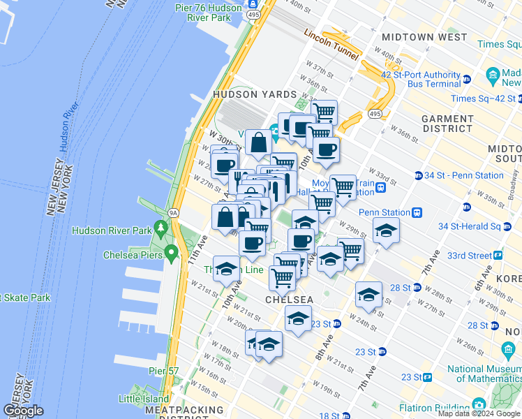 map of restaurants, bars, coffee shops, grocery stores, and more near in New York