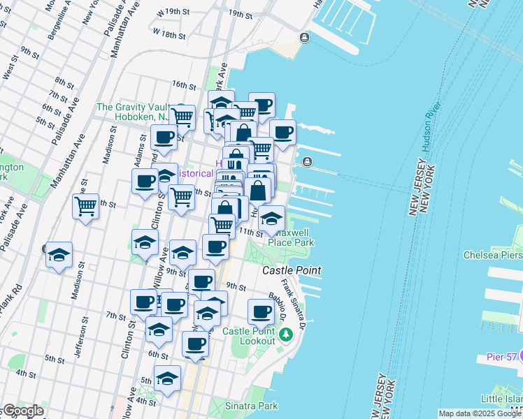 map of restaurants, bars, coffee shops, grocery stores, and more near 1150 Maxwell Lane in Hoboken