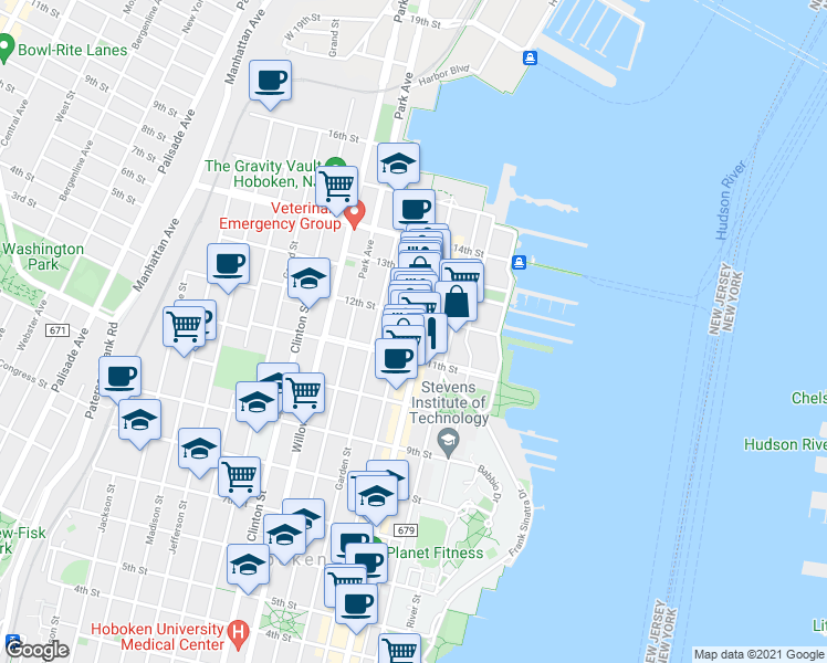 map of restaurants, bars, coffee shops, grocery stores, and more near 1117 Washington Street in Hoboken