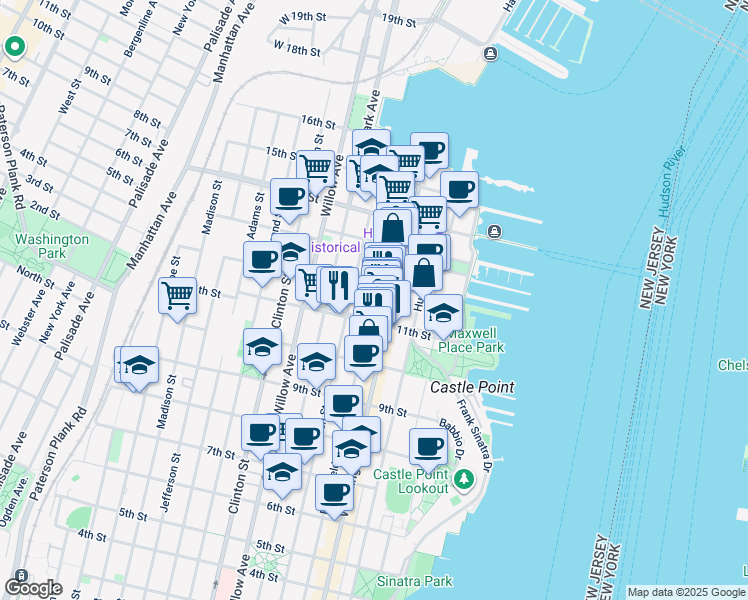 map of restaurants, bars, coffee shops, grocery stores, and more near 1100 Washington Street in Hoboken