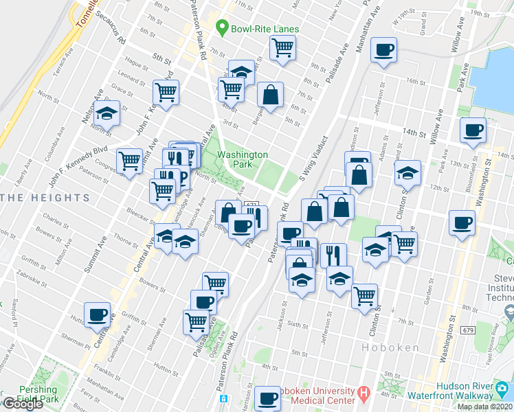 map of restaurants, bars, coffee shops, grocery stores, and more near 644 Palisade Avenue in Jersey City