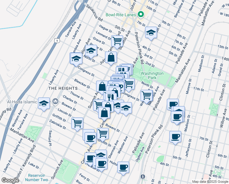 map of restaurants, bars, coffee shops, grocery stores, and more near 21 Paterson Street in Jersey City
