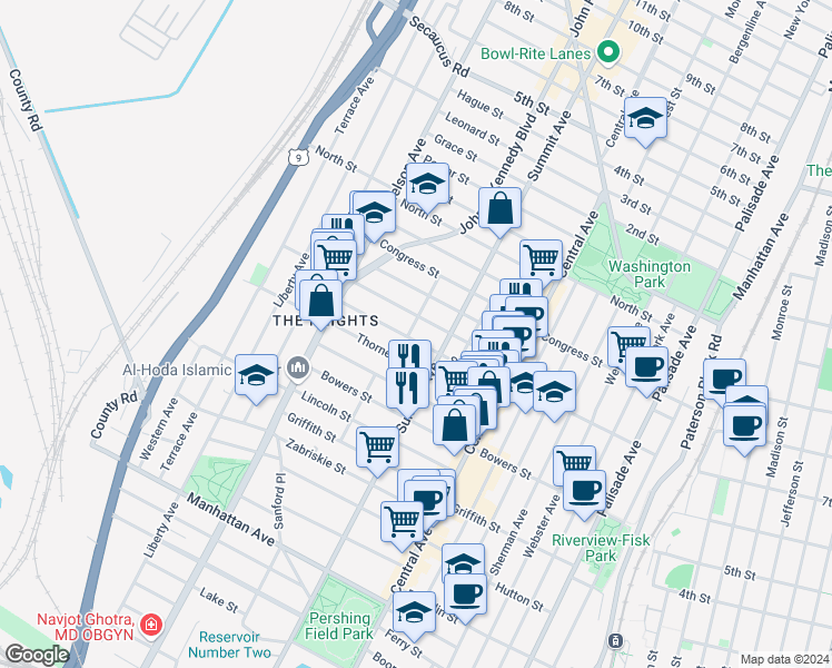 map of restaurants, bars, coffee shops, grocery stores, and more near 186-188 South Street in Jersey City