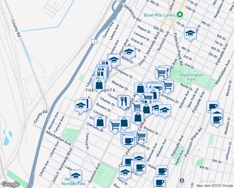 map of restaurants, bars, coffee shops, grocery stores, and more near 106 Thorne Street in Jersey City