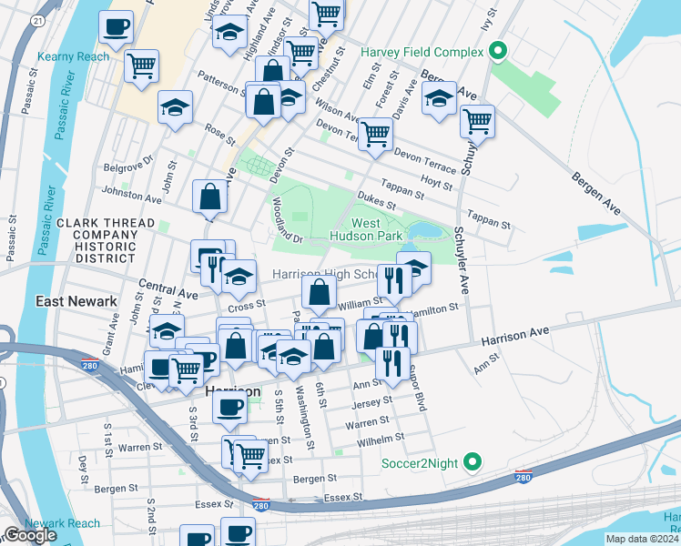 map of restaurants, bars, coffee shops, grocery stores, and more near 516 Cross Street in Harrison