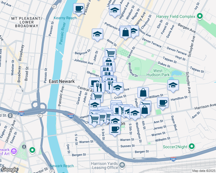 map of restaurants, bars, coffee shops, grocery stores, and more near 511 Frank E Rodgers Boulevard North in Harrison