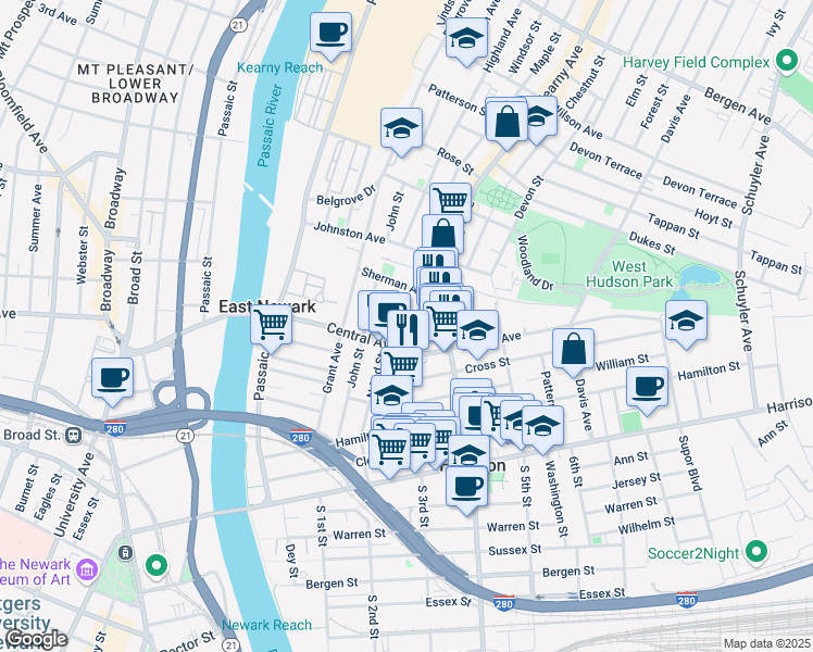 map of restaurants, bars, coffee shops, grocery stores, and more near 509 North 3rd Street in East Newark