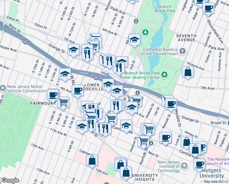 map of restaurants, bars, coffee shops, grocery stores, and more near 87 3rd Street in Newark