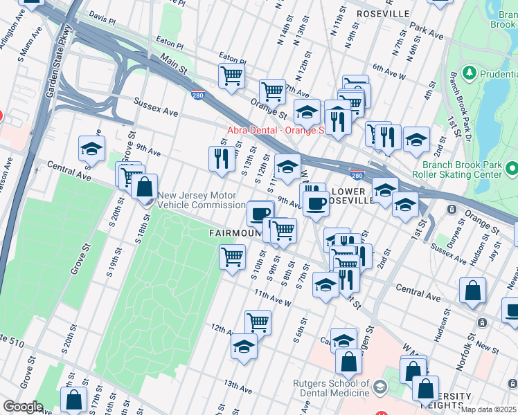map of restaurants, bars, coffee shops, grocery stores, and more near 114 South 12th Street in Newark