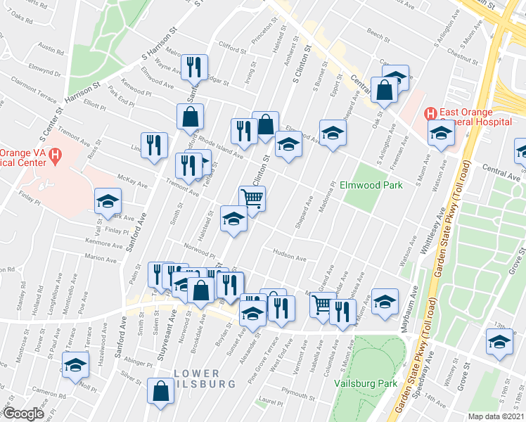 map of restaurants, bars, coffee shops, grocery stores, and more near 217 Eppirt Street in East Orange