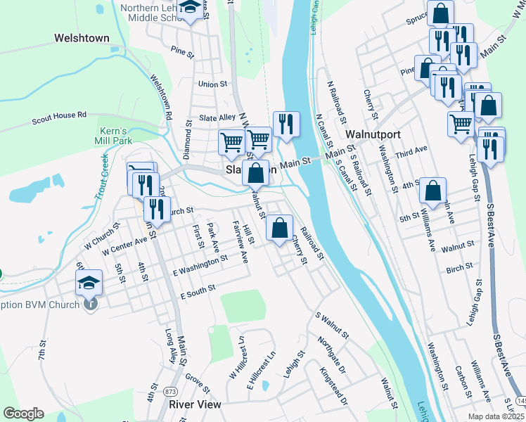 map of restaurants, bars, coffee shops, grocery stores, and more near 112 South Walnut Street in Slatington